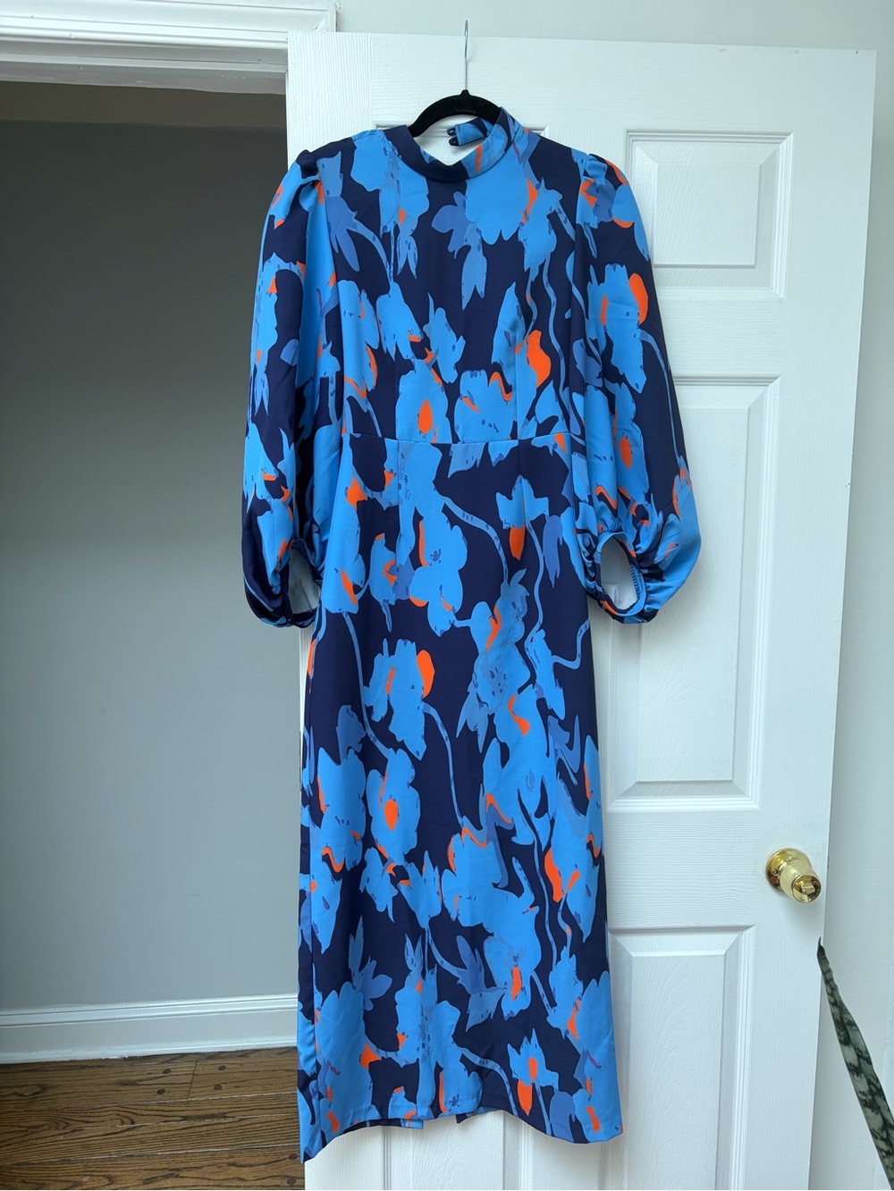 LAAGAM Blue Floral Midi Dress with Puff Sleeves